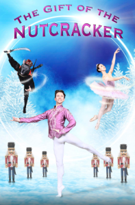 The poster for the gift of the nutcracker - There is a row of nutcrackers in the background. To the right, a dancer in a pink tutu. To the left, a dancer dressed as the rat king. In the centris a dancer with white pants and a pink jacket.