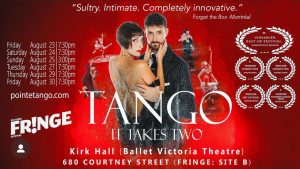 The poster for Tango: It takes two.  The background is red. They have a number of awards listed on the side. In the centre is the duo, looking out at the camera.