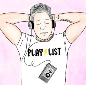 An illustrated image of Ivan Coyote, laying on a pink background. They are listening to a tape player on a headphone, wearing a white tshirt that says play/list.