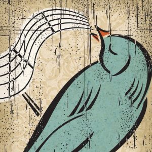 An illustrated image of a green bird with music notes coming our of it's beak.