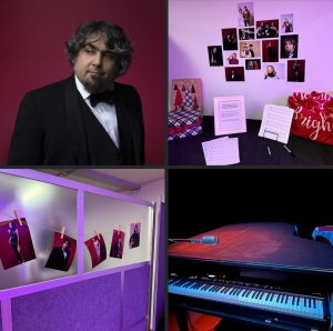 A screenshot of images from the recent piano man show. A man with curly hair wearing a tuxedo looks off camera. Pictures are hanging on the wall. A mic sits atop a piano.