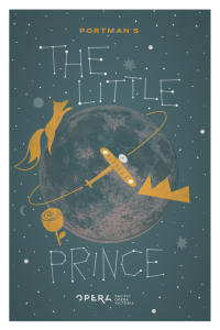 The little prince poster - an illustrated small planet with a stylized crown, flower, fox, and airplane floating above.