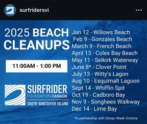 The locations and times for the upcoming beach cleanups. 
11:00 AM-1:00 PM
Feb 9 - Gonzales beach
March 9 - French beach
(more upcoming)