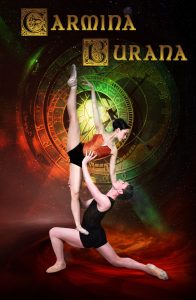 The poster for Carmina Burana - a dark red and green background with a pair of dancers in a dramatic lift in the centre of the image.