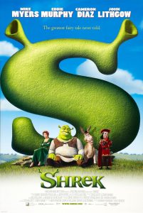 The movie poster for Shrek. A stylized green S with pointy ears and the cast gathered at the bottom of the icon. 